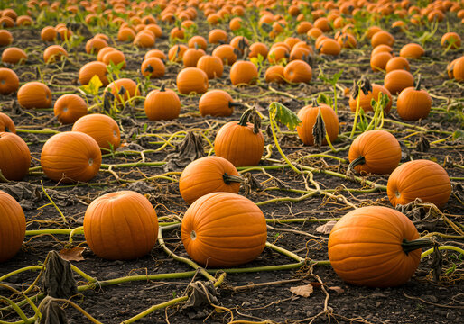 Orange pumpkins in autumn field