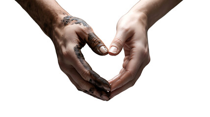 Hands Shaping Heart: A poignant juxtaposition of contrasting textures and colors forms a heart shape, representing unity, compassion, and the beauty found in embracing differences.