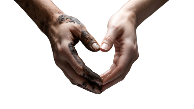 Hands Shaping Heart: A poignant juxtaposition of contrasting textures and colors forms a heart shape, representing unity, compassion, and the beauty found in embracing differences.