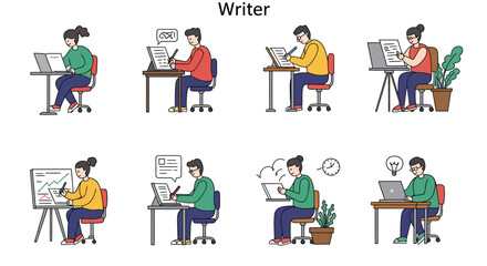 Cartoon Characters Writing and Working at Desks with Laptops and Papers