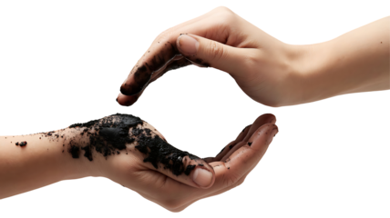 Hands in Earth's Embrace: A poignant and evocative image of hands intertwined, one covered in earth, the other pristine, symbolizing the delicate balance between nature and humanity.