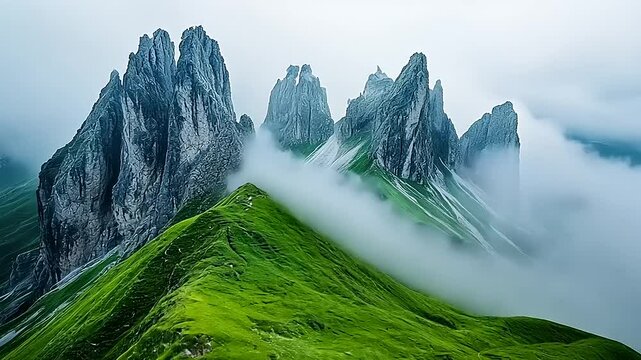 Dramatic alpine scenery: Seceda peaks covered in mist, lush green meadows contrast sharp peaks