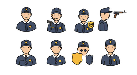 Cartoon Security Guards and Police Officers with Accessories and Weapons
