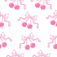 Cherry silhouette with bow seamless pattern. Vector illustration.
