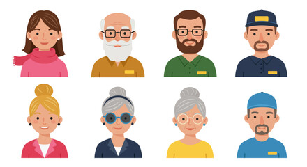 Diverse Cartoon People Eight Head and Shoulder Portraits with Varied Ages and Styles