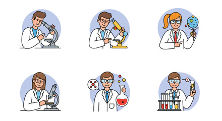 Scientists in Lab Coats with Microscopes Flasks and Test Tubes