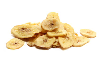 Dried banana slices, chips isolated on white background, side view
