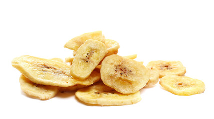 Dried banana slices, chips isolated on white background, side view