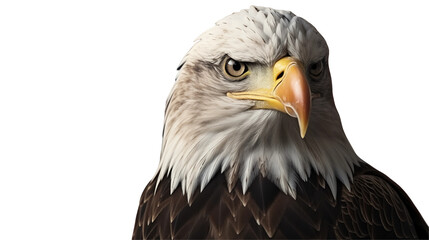Bald eagle with American flag backdrop, powerful national symbol, wildlife portrait, freedom nature image, USA bird of prey, isolated on transparent background.