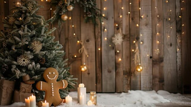 Cozy holiday scene with decorated tree, gingerbread man, gifts and candles against rustic wooden background with string lights. Festive and warm holiday decoration.