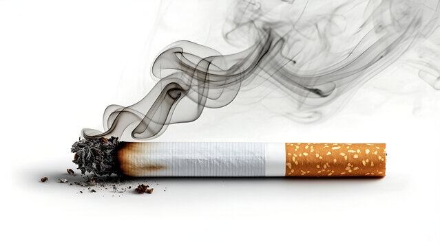 Burning cigarette producing smoke, concept of smoking danger, tobacco addiction, and health risk for anti smoking campaign.