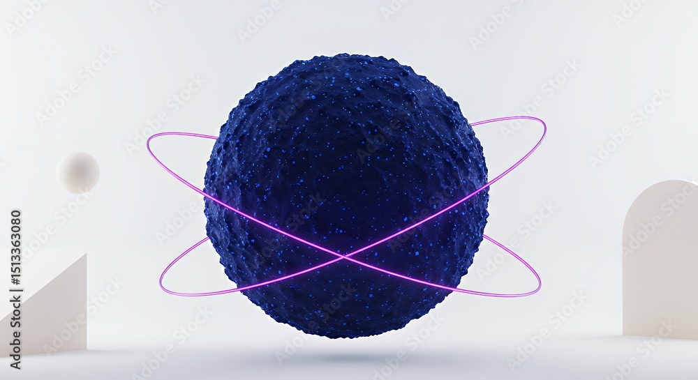 Poster abstract cosmic sphere: 3d render of a textured blue planet with neon orbits in a minimalist white s