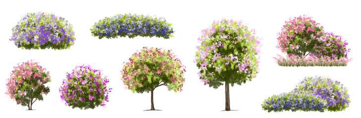 Fototapeta na wymiar Vector watercolor blooming flower tree or forest side view isolated on white background for landscape and architecture drawing,elements for environment or and garden,green tree for garden section 