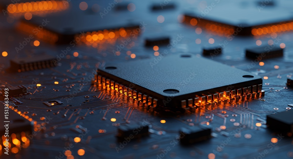Aufkleber closeup of illuminated microchip on circuit board: advanced technology and digital innovation