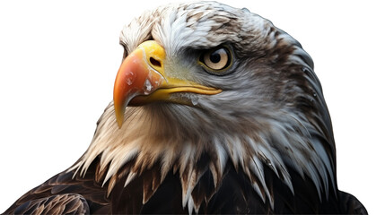 Detailed bald eagle closeup with flag, powerful bird portrait, wildlife nature image, American national symbol feathers, isolated on transparent background.