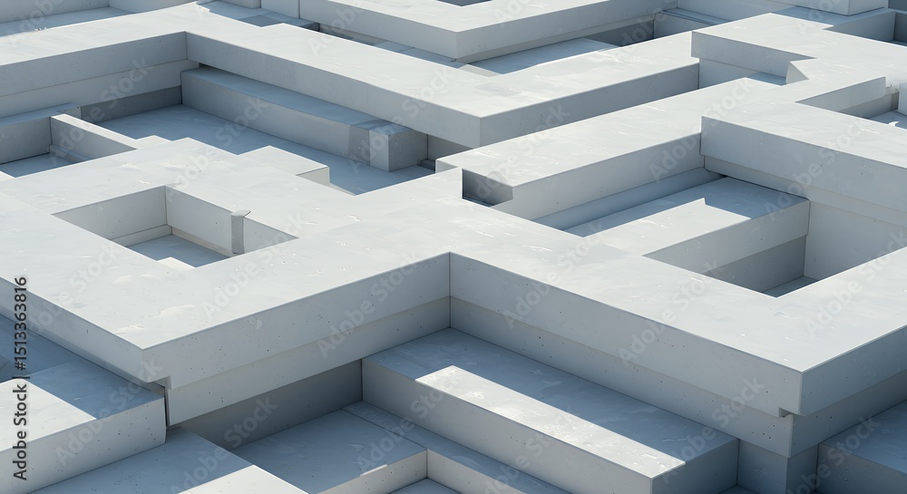 Poster abstract 3d render of a complex geometric maze: white cuboid structures interlocking in a labyrinthi