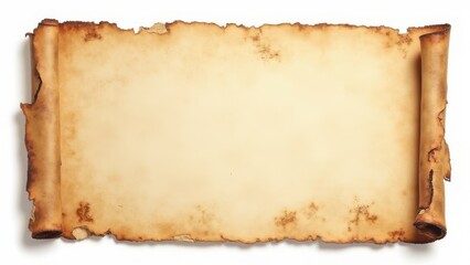 Fototapeta premium Distressed ancient paper texture with scorched edges and rich aged parchment detail. Isolated on white