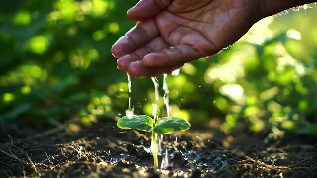 Close-up high-resolution slow-motion video of a farmer&rsquo;s hand gently pouring water onto a small green seedling growing in rich soil.