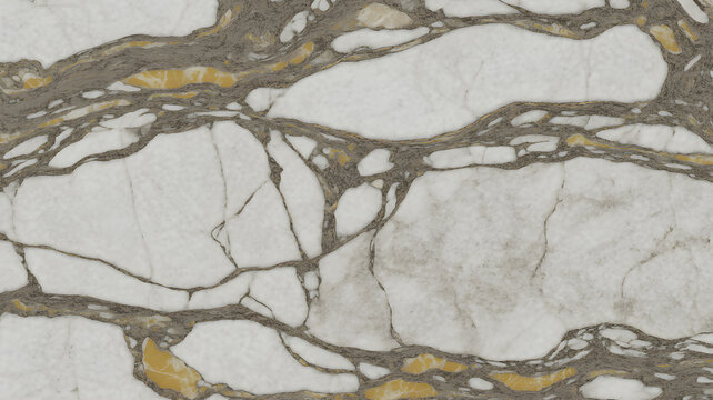 Full-frame 2D slab of Turkish Marmara with Calacatta Macchia Vecchia yellow accents.