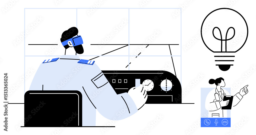 Poster pilot managing aircraft controls with virtual features, illuminated lightbulb representing creativit