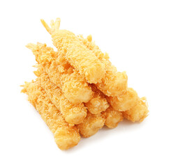 Many tasty tempura shrimps isolated on white