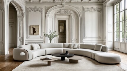 Modern curved sectional sofa in a grand room with ornate plasterwork.