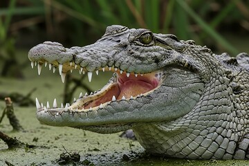 Fototapeta premium Powerful Crocodile with Open Jaws in Swamp