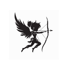 Little fairy archer with bow and arrow Silhouette vector isolated on white background.