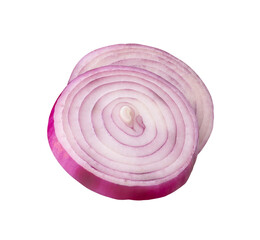 Fresh peeled red or purple Spanish onion in two slices in circle shape in stack isolated with...