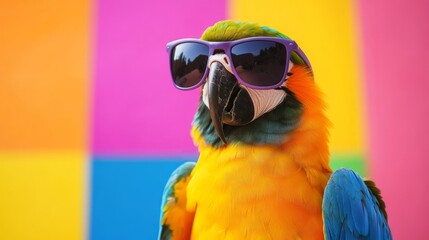 Colorful macaw parrot wearing sunglasses on vibrant summer background for fun tropical vacation and exotic wildlife concept illustration