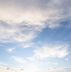 Fototapeta premium Front view and full frame of beautiful morning or evening blue and orange sky with cloudy while sunsets or sunrises taken at the sea used as natural blackground texture