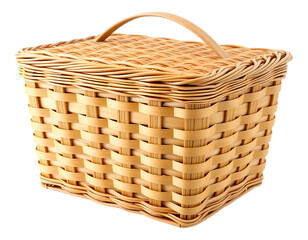 A beautifully woven wicker picnic basket with a handle and lid.