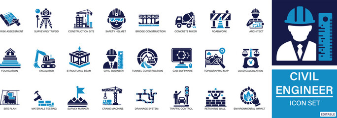 Civil Engineering Icon Set Construction, Surveying, Blueprint, Site Plan & Equipment Icons