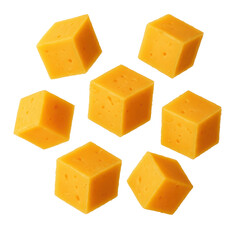 Cubed orange cheese floating with transparent white background