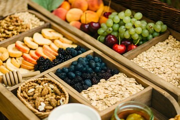 Healthy Breakfast Buffet Fresh Fruits, Berries, Nuts, and Oats