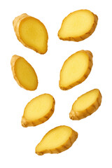 Naklejka premium Fresh ginger slices floating with clean transparent white backdrop