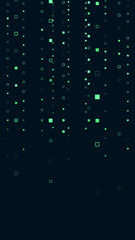 abstract green technology and science futuristic string shapes background, square particles falling vertical social media design element	