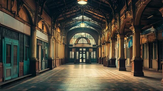 A large, empty train station with a lot of empty space. The empty space gives the impression of a deserted, abandoned place