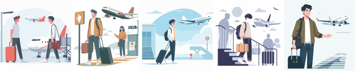 vector of a young man boarding a plane