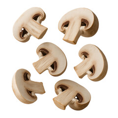 Sliced mushrooms floating on transparent white background
