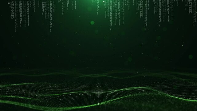 Abstract digital data wave hologram 3D code Digital buildings Big Data Particles binary code glowing particles dynamic lines on a dark background, concept of technology data visualization 3d animation