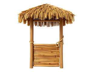 A charming tiki hut with a thatched roof and bamboo structure