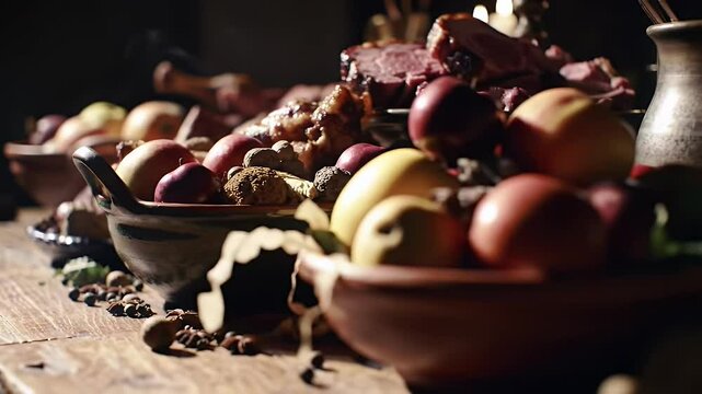 High quality video of Bowls filled with lots of different kinds of food, renaissance, spices on a wood table, close up camera shot.