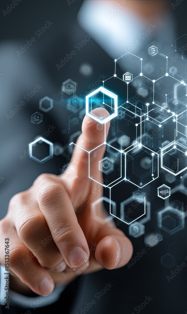 Poster tech visual of a hand engaging with digital interfaces