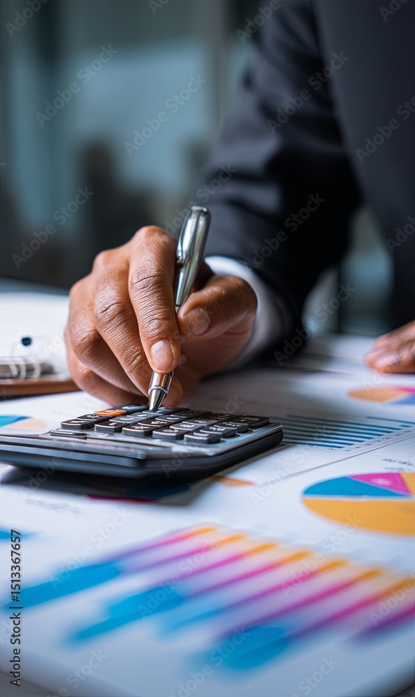 Poster professional calculating financial data with a calculator in an office