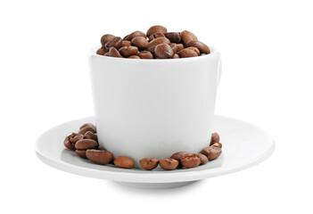 Ceramic cup with roasted coffee beans isolated on white