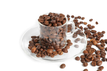 Glass cup with roasted coffee beans isolated on white