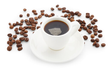 Aromatic coffee in cup and beans isolated on white