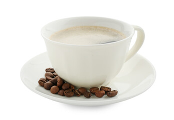 Aromatic coffee in cup and beans isolated on white