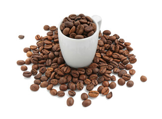 Aromatic coffee beans and cup isolated on white